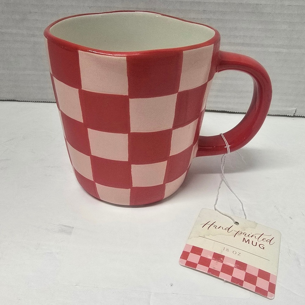 Sunday Morning Ceramics Red Pink Checkered Hand Painted Mug 18oz  NWT